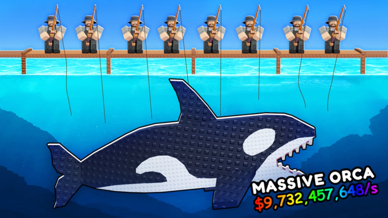 Roll a Fisherman gameplay showing fishermen on the Dock beside the ocean with Cash UI visible